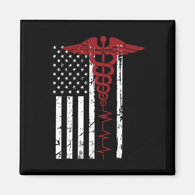USA flagga Medicinska symbolen Black Patriotic Cad Magnet (Framsidan)