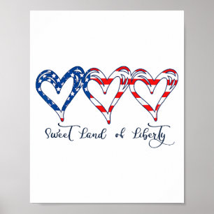 USA flagga Patriotic Hearts 4:e juli Sweet Land o Poster