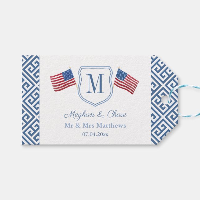 USA flagga Patriotic Monogram Vapensköld Möhippa Presentetikett (Framsidan (Horisontell))
