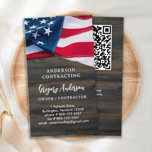 USA Flagga QR Code Rustic Wood Patriotic Visitkort