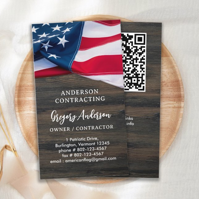 USA Flagga QR Code Rustic Wood Patriotic Visitkort (Skapare uppladdad)