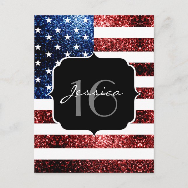 USA flagga röd blå gnistrar glitter Sweet 16 Vykort (Framsida)