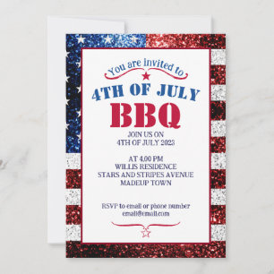 USA flagga röd vit blå gnistrar 4 juli BBQ Inbjudningar