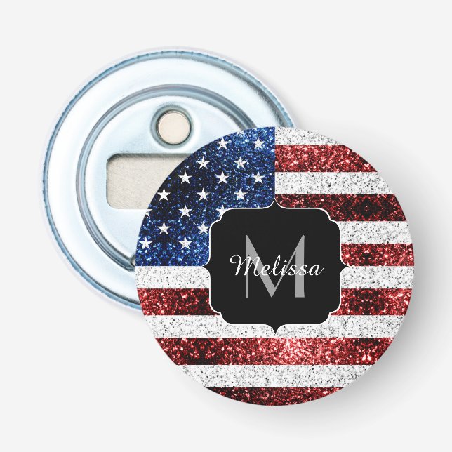 USA flagga röd vit blå gnistrar glitter Monogram Flasköppnare (Framsidan)