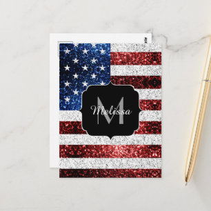 USA flagga röd vit blå gnistrar glitter Monogram Vykort