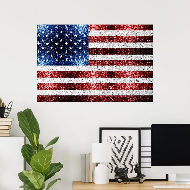 USA flagga röd vit blå gnistrar glitter Poster (Hemmakontoret)