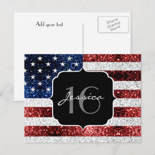 USA flagga röd vit blå gnistrar glitter Sweet 16 Vykort