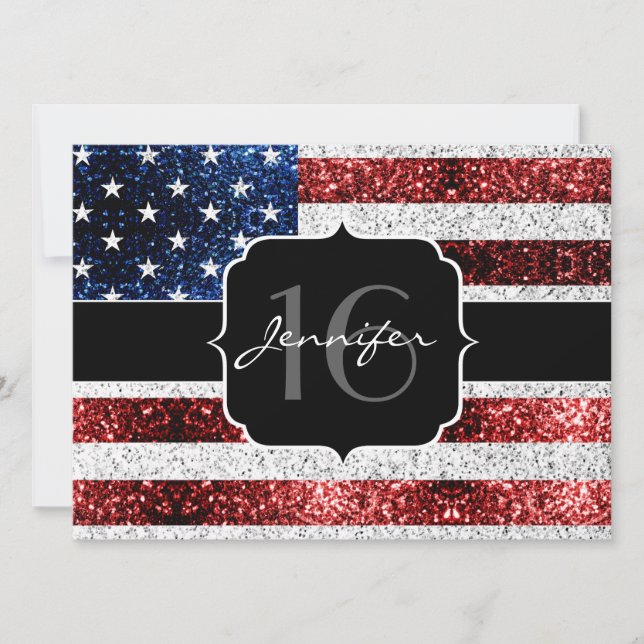 USA flagga rött vitt blått gnistor glitter Sweet 1 Inbjudningar (Framsida)
