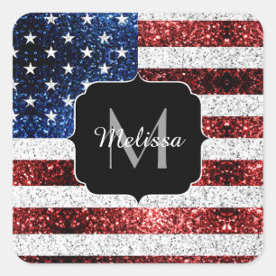 USA flagga rött vitt blått miniatyrdiagram glitter Fyrkantigt Klistermärke