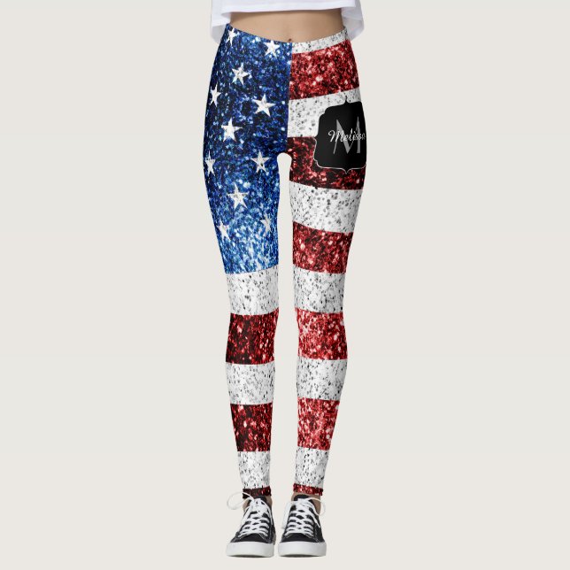 USA flagga rött vitt blått miniatyrdiagram glitter Leggings (Framsida)