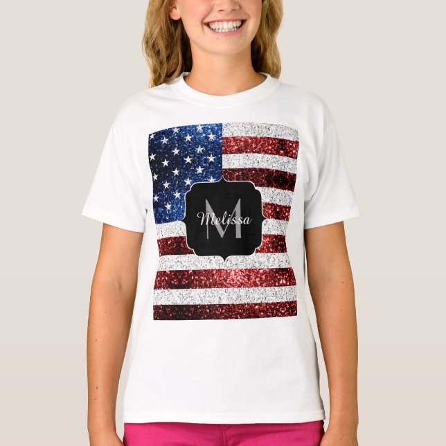 USA flagga rött vitt blått miniatyrdiagram glitter T Shirt (Framsida)