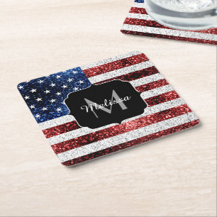 USA flagga rött vitt blått miniatyrdiagram glitter Underlägg Papper Kvadrat