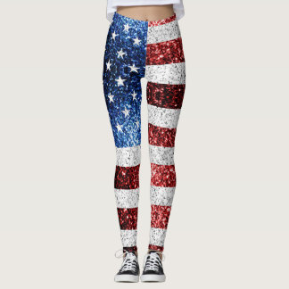 USA flagga rött vitt blått reservdelar glitter Leggings