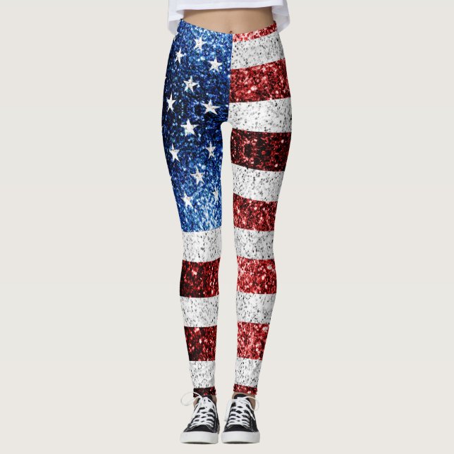 USA flagga rött vitt blått reservdelar glitter Leggings (Framsida)