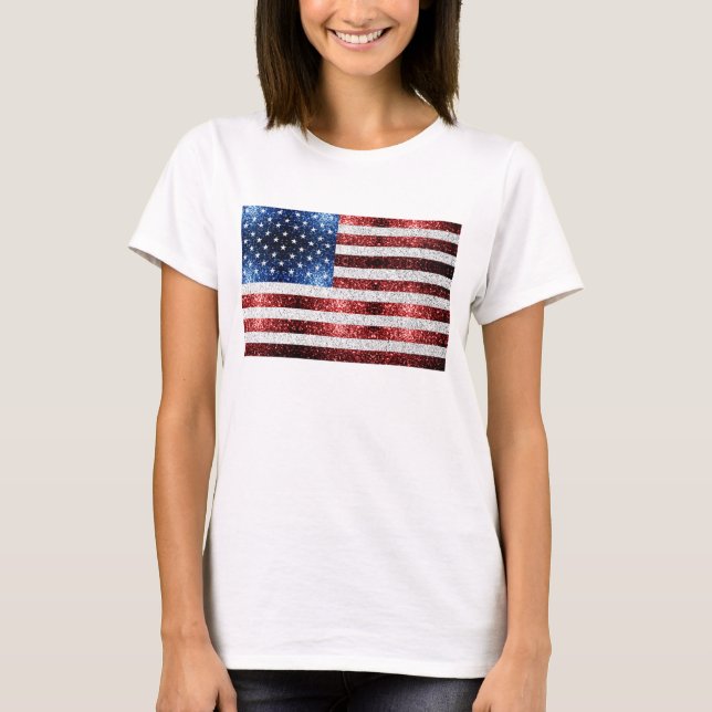 USA flagga rött vitt blått reservdelar glitter T Shirt (Framsida)