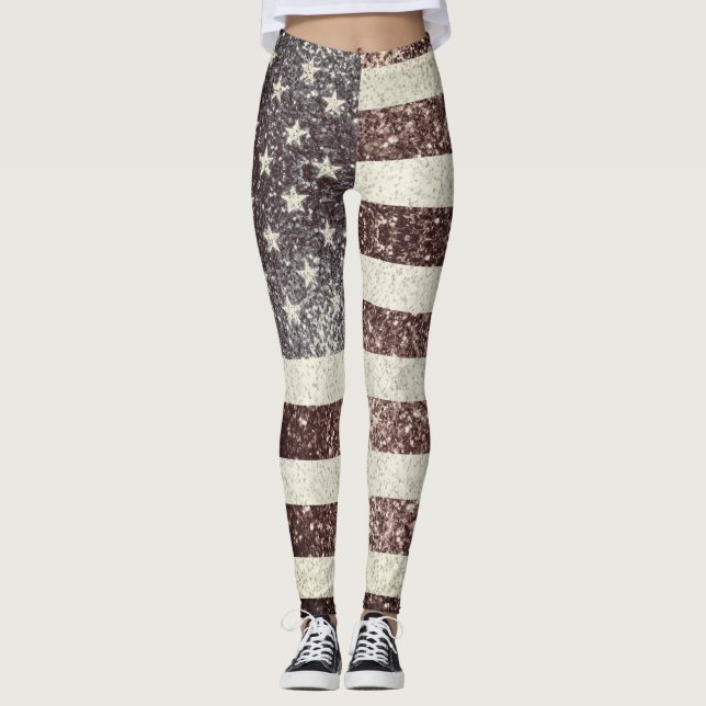 USA flagga Rustic Red Guld Blue Sparkles America Leggings (Framsida)