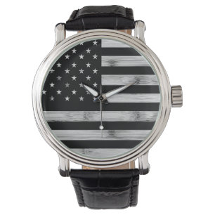 USA flagga Rustic Wood Black White Patriotic Ameri Armbandsur