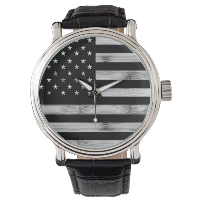 USA flagga Rustic Wood Black White Patriotic Ameri Armbandsur (Framsida)