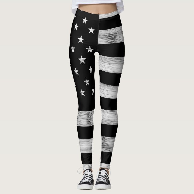 USA flagga Rustic Wood Black White Patriotic Ameri Leggings (Framsida)