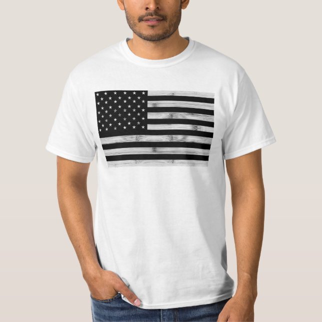 USA flagga Rustic Wood Black White Patriotic Ameri T Shirt (Framsida)