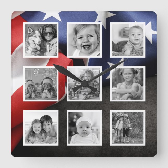 USA Flagga Skapa Din Anpassade Fotokollage Fyrkantig Klocka (Framsida)