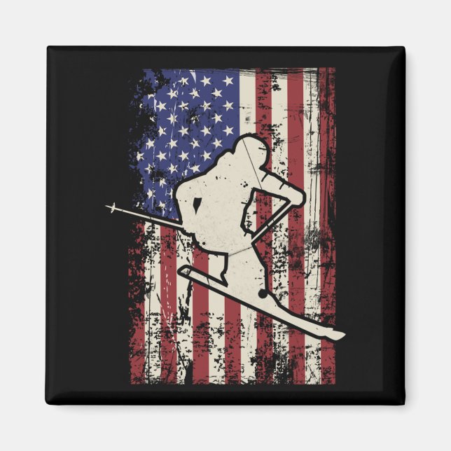 USA flagga Ski Skiing&amp; Skiier-Långärmad Magnet (Framsidan)