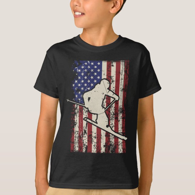 USA flagga Ski Skiing&amp; Skiier-Långärmad T Shirt (Framsida)