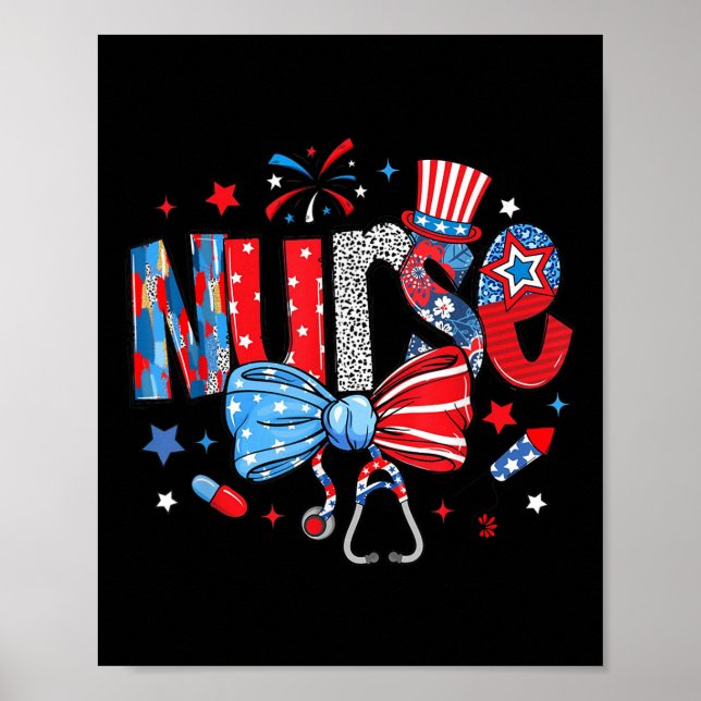 USA flagga Stethoscope Coquette Bow 4:e juli Rn N Poster (Framsidan)