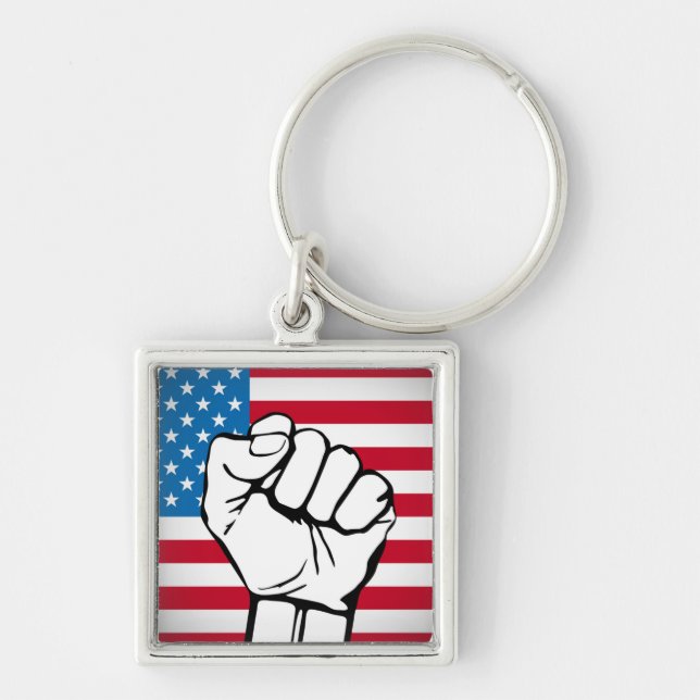 USA flagga | Stigning Fst Fyrkantig Silverfärgad Nyckelring (Framsidan)