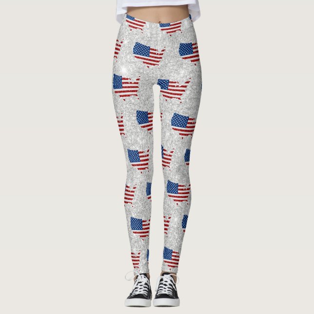 USA Flagga Stjärnor & Ränder 4 Juli Glitter Leggings (Framsida)