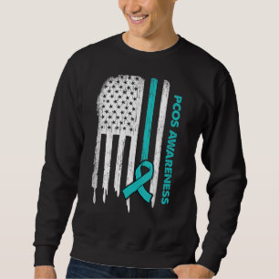USA flagga Teal Ribbon Pcos Awareness Lång Ärmad Tröja