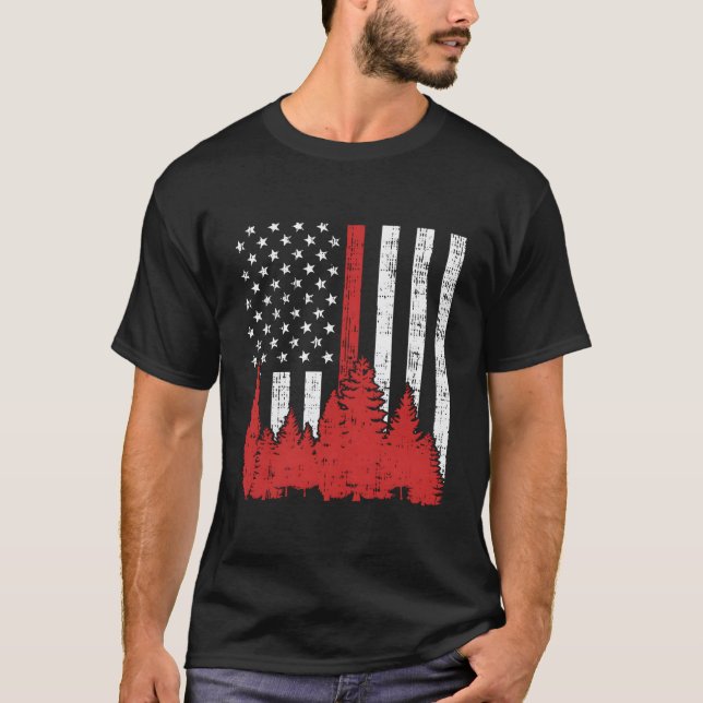 USA flagga Thin Red Line Forest Fire Wildland Fire T Shirt (Framsida)