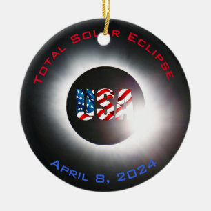 USA FLAGGA Total solnedgång 8 april 2024 Julgransprydnad Keramik