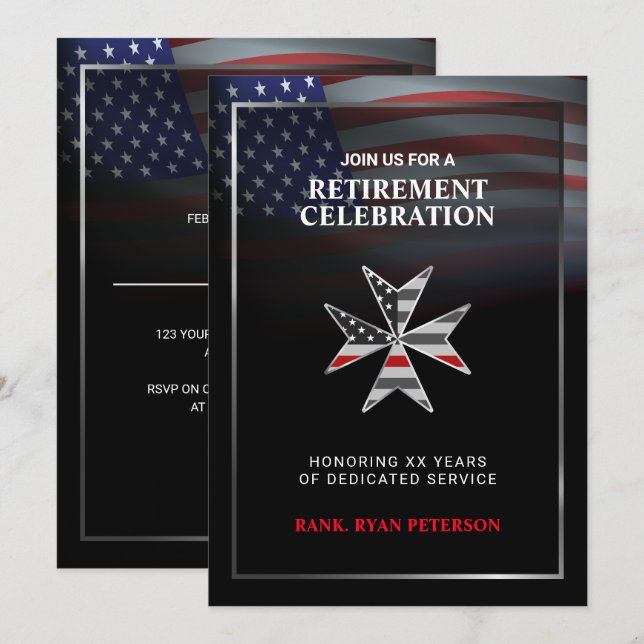 USA Flagga | Tunn röda linje Malteserkors | Svart Inbjudningar (Fram/baksida)