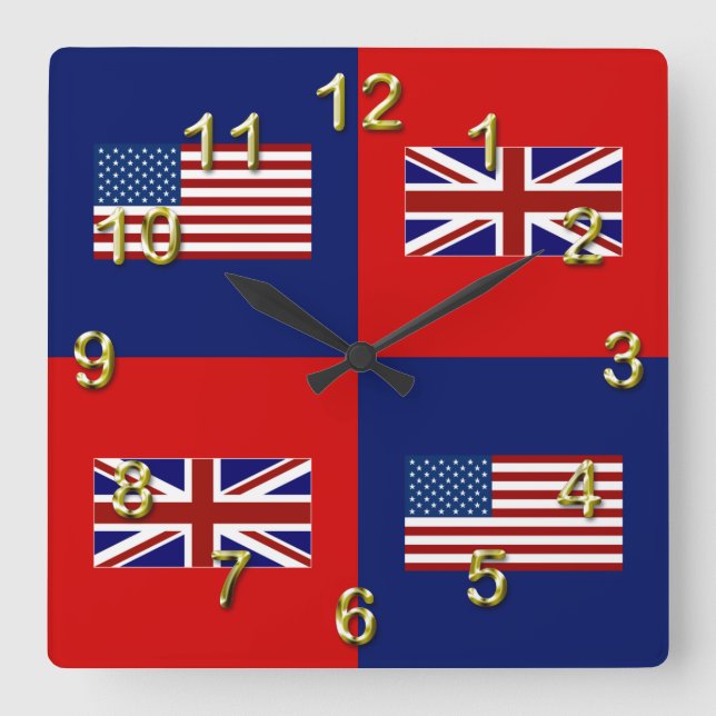 USA flagga & UK-flaggamönster Fyrkantig Klocka (Framsida)
