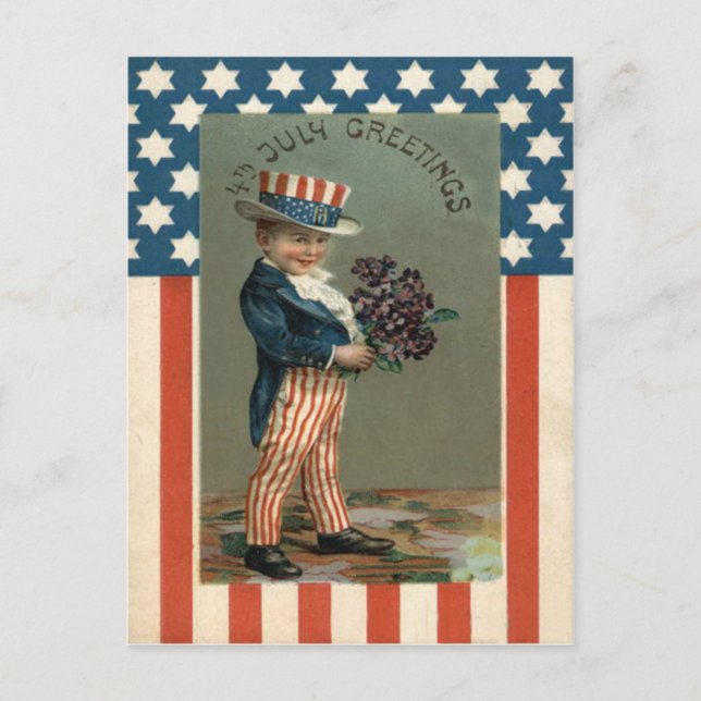 USA Flagga Uncle Sam Pojke Violer Vykort (Framsida)