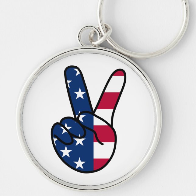 USA flagga V-tecken Rund Silverfärgad Nyckelring (Framsidan)
