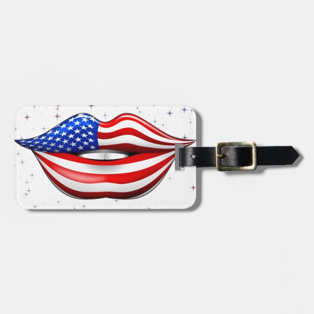 USA flaggaläppstift på att le läpparbagagemärkre Bagagebricka (Horisontell Framsida)