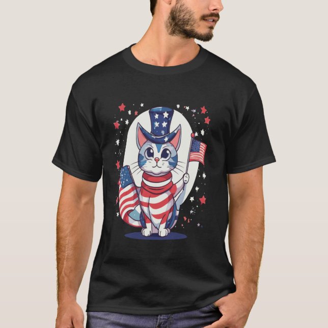 usa-flaggdesign med katt, firande 4 juli t shirt (Framsida)