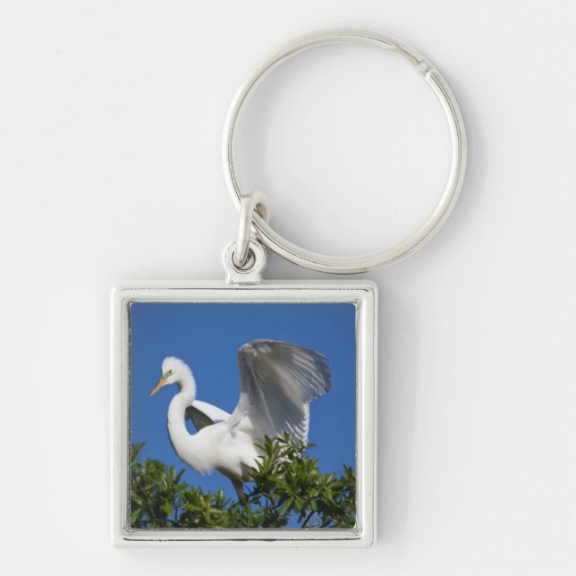 USA, Florida, Saint Augustine, Egret Fyrkantig Silverfärgad Nyckelring (Framsidan)