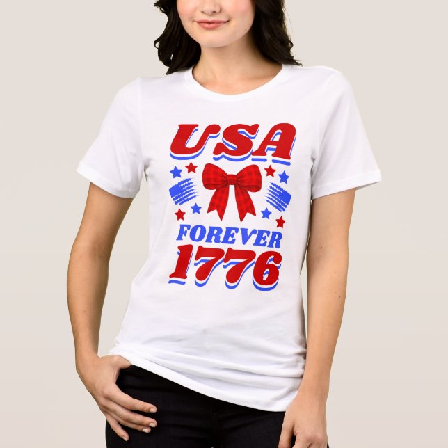 USA Forever 1776 Röd Gingham-slöja T Shirt (Framsida)