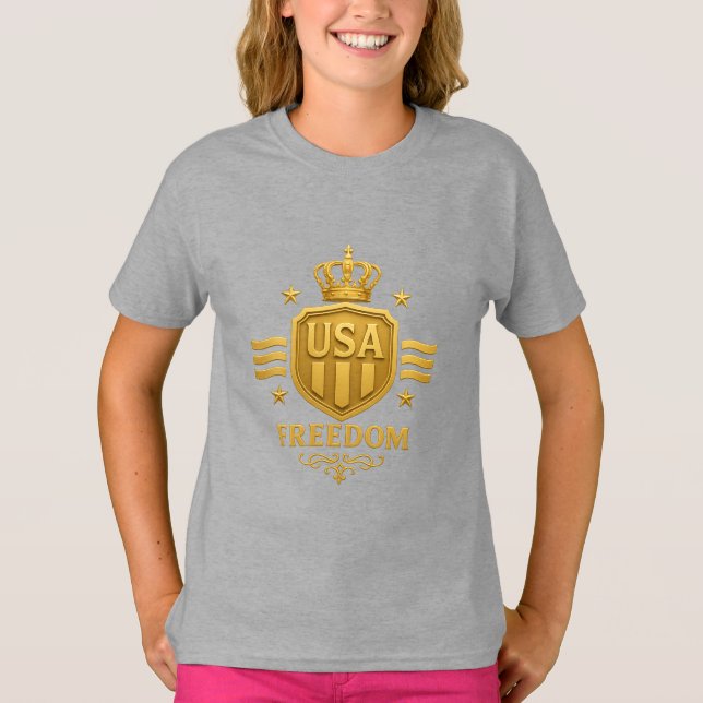 USA Freedom Golden Emblem Girls’ Basic T-Shirt (Framsida)