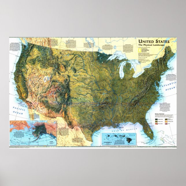 " USA: Fysiskt liggande karta ... Poster (Framsidan)