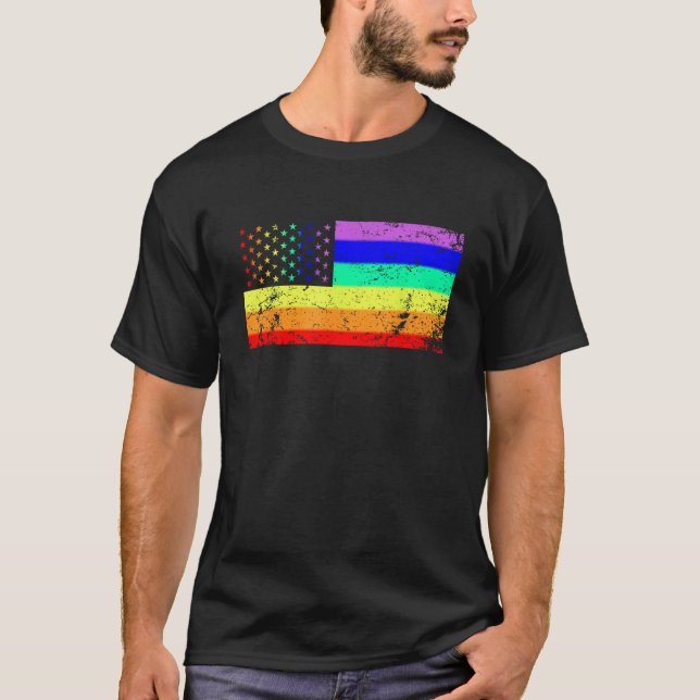 USA Gay pride Flagga Rainbow Stars Line Gay LGBT 4 T Shirt (Framsida)
