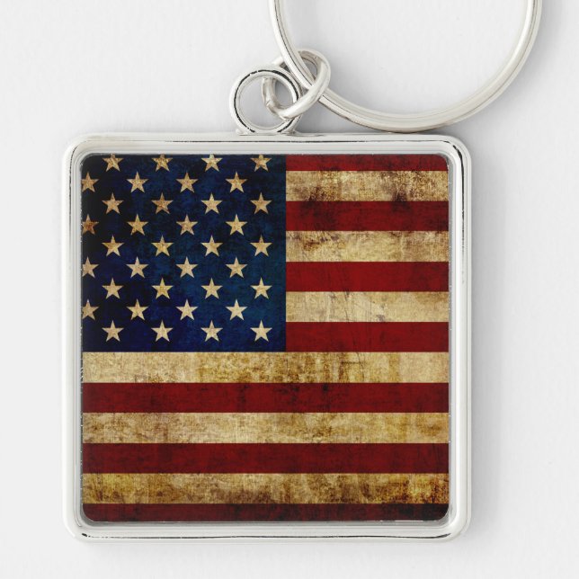 USA / Grungad flagga Fyrkantig Silverfärgad Nyckelring (Framsidan)