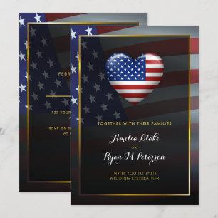 USA Heart Flagga   GULD RAM   Luxi Bröllop Inbjudningar