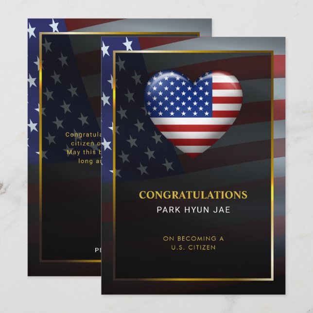 USA Heart Flagga | GULD RAM | Medborgarskap Inbjudningar (Fram/baksida)