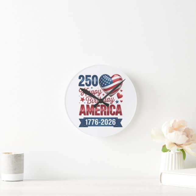 USA Hjärtan 1776 2026 4:e juli  Rund Klocka (Hem)