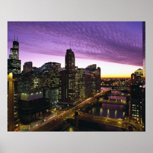 USA, IL, Chicago. Chicago skyline och Floden Poster