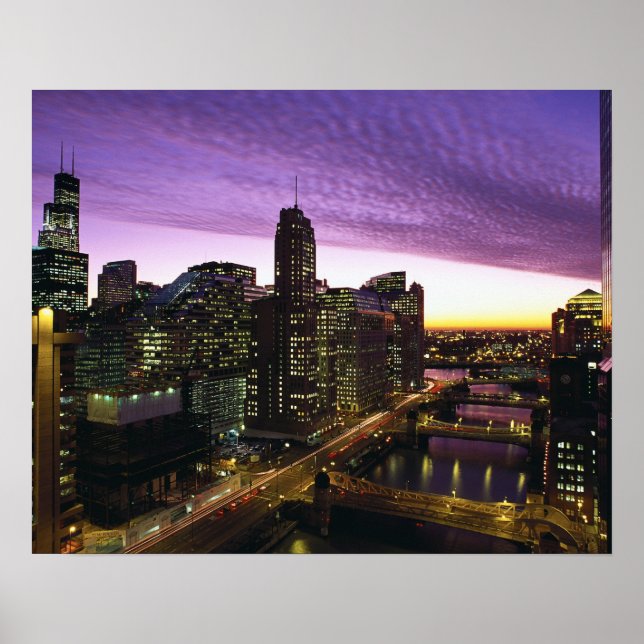 USA, IL, Chicago. Chicago Skyline och Floden Poster (Framsidan)